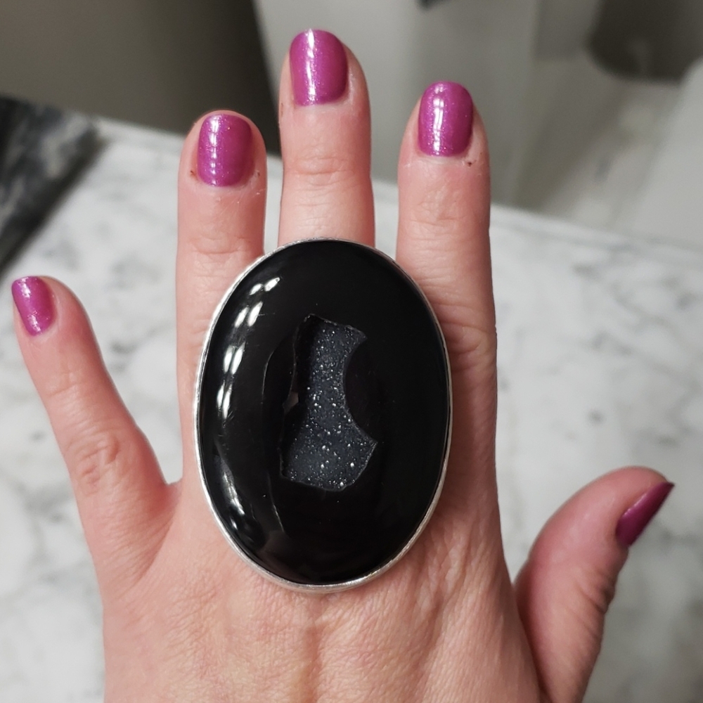Druzy Adjustable Large Black Ring